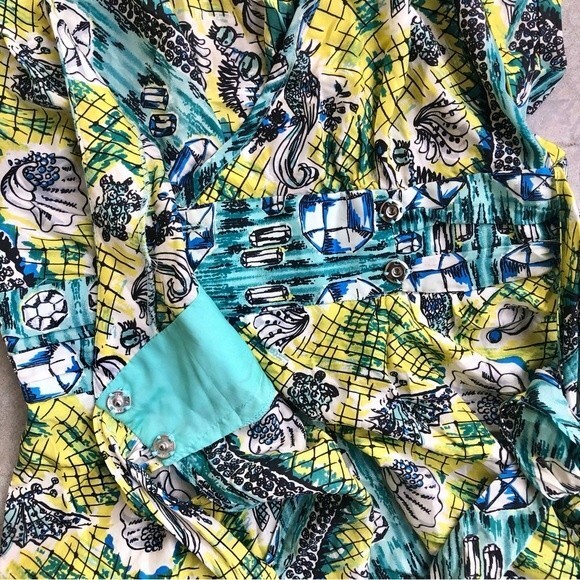Nanette Lepore Silk Wrap Top Printed Coastal Beach Turquoise Yellow 4 - Picture 4 of 6